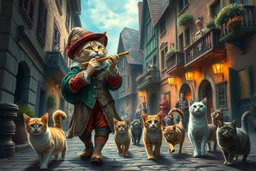 create "The Cat Pied Piper of Hamelin, whimsical and colorful Renaissance attire, playing a golden flute, leading playful and mischievous cats through vibrant, cobbled Renaissance streets, people on balconies laughing and pointing, surreal lighting, dreamlike vibe, highly detailed, vivid colors, painterly style, 8K, magical realism meets historical fiction --v 7 --ar 4:3 --style raw --q 2"