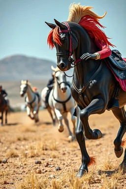 close up on full figure hi tech colombian cyber punk mafia on Ceres track field with some joker wild horses