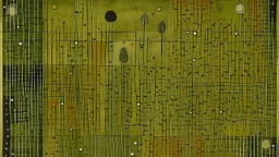 An olive green field with stinky flies designed in Navajo woven art painted by Paul Klee