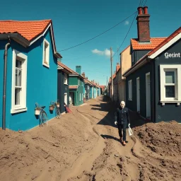 Fotografia di strada blu gioioso weirdcore dai colori vivaci. Max Ernst. Le case sono dipinte di nero chiaro con g stilizzate e dettagli. Ci sono, che danno un senso distopico e molto surreale, disposte in modo casuale. L'atmosfera generale sembra noiosa e onirica, con un contrasto tra elementi reali ed elementi dipinti. Persona finta cammina. Tutto è sotterrato da decine di metri di fango
