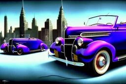 a true-to-life 1936 ford roadster, centered, intricate, extreme detailed, photorealism, center view, city background, pivot on ford, pen and color marker painting by cheryl kelley