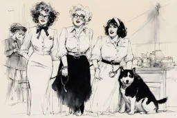 high res photo by Ralph Steadman: Nancy, her collar and leash around her delicious neck... her sister, the wild Sally, in blouse, panting... and Sam, the working girl, her dress on her waist