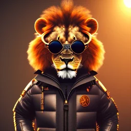 Lion toddler, smile, steampunk headphone, sunglass, gangsta neckless, full body, orange puffer jacket, tokio background, dramatic lighting, hyper realistic, unreal engine 5, 16k