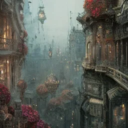 Insanely detailed photograph of an “portrait of gorgeous city” with intricate gears, intricate embroidered band, hyperdetailed painting by Ismail Inceoglu Huang Guangjian and Dan Witz CGSociety ZBrush Central fantasy art album cover art,8K, hdr, romantic, mysterious, ominous, flowers, jewelry, steam,oil