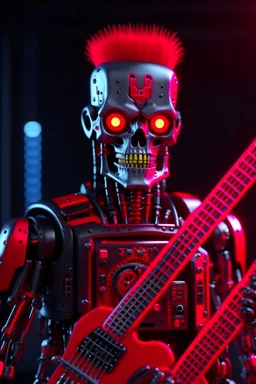 4K realistic A robot terminator with a red punk crest playing bass