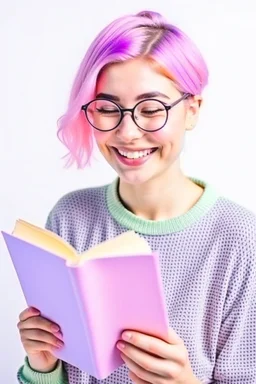 Portrait perempuan dengan senyum di wajahnya membaca buku yang berkaitan dengan kesehatan mental, warna pastel