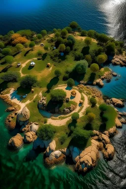 vista aérea de una isla llena de leones hambriento, en un día soleado.