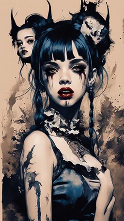 Poster in two gradually, a one side malevolent goth vampire girl face and other side the Singer Melanie Martinez face, full body, painting by Yoji Shinkawa, darkblue and sepia tones,