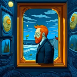 cartoon artificial intelligence paying respect to Van Gogh through a window in 3 dimensions with an open sea and red hair neo gothiccartoon artificial intelligence paying respect to Van Gogh through a window in 3 dimensions with an open sea and red hair neo gothic