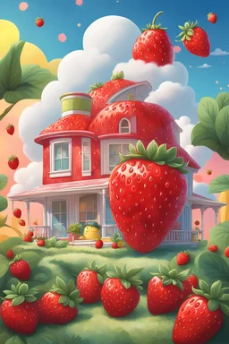 An advertisement poster for a cartoon character, a strawberry, a lemon, a cloud, and a dazzling background of a strawberry-shaped house Without coloring