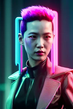 Blade runner portrait, Asian cyber woman:: symmetry photography, cyberpunk, pink hair, makeup, long line eye, light iris, :: latex coat :: cinematic, Ultra realistic, dark scene, soft color, highly detailed, unreal engine 5, RTX, ultra detail, 3d, finely drawn, high definition.