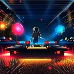 Dance hall ,dj play ,laser lights, disco ball, beard DJ play music with DJ desk, photorealism