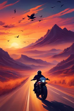 a motorbike rider cruising down an open road, the vibrant hues of a sunset casting a stunning backdrop. The rider's silhouette against the fiery sky, with elements of speed and adventure captured in the design soaring birds against the dreamy sunset sky and distant mountains