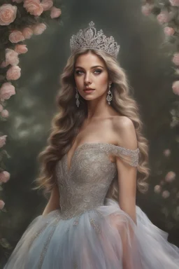 ethereal, ethereal dress, goddess, beautiful woman, princess, tiara, dreamy, long wavy hair, big eyes, sophisticated,, hyper realistic, hyperrealism, photoreal, realistic, photorealistic, soft pastels, full-body, standing, long shot, wide angle