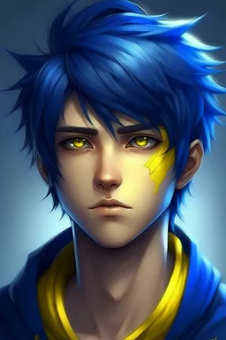 handsome young man with dark blue punk hair and yellow eyes anime realistic