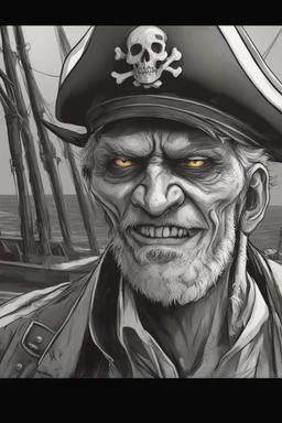 close up portrait of a zombi as a pirate, 2d drawing, background on a boat