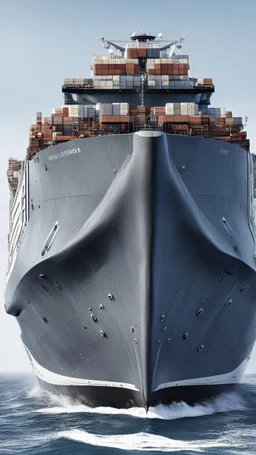 A container ship that looks like a big whale, with containers in top and a commander deck