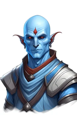 Generate me a normal human male D&D character with blue skin and is bald. They should also have red eyes. The background should be solid white.