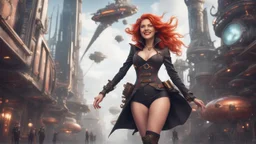 A photorealistic image of a red-haired, slender, witchy woman, winking and smiling, in a one-piece steampunk outfit and stiletto boots, walking through a futuristic city with flying machines.