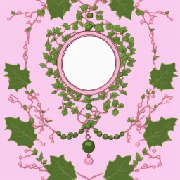 Create an Artwork of a Mirror with ivy branches and pearls necklace, Like a creative Logo for a Varasity Jacket to put a random number uin it, Vector illustration. Colors should be pink and green