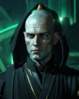 star wars bald male corellian jedi pilot wearing black and gunmetal grey old republic armored robes with gold trim inside the jedi temple holding a lightsaber with viridian green blade in left hand, centered head and shoulders portrait, hyperdetailed, dynamic lighting, hyperdetailed background, 8k resolution, volumetric lighting, light skin, fully symmetric details