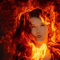 woman made of fire, fire angel, fire clothes, full body portrait, long flowing hair, only wearing bikini made of fire, highly detailed, real life photo, photo quality, extremely detailed, high quality, standing in fire, highly detailed face with makeup