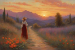 beautiful sunset, one woman looking a flowers, mountains, pathway, witchcraft influence, rodolphe wytsman, jenny montigny, and friedrich eckenfelder impressionism paintings