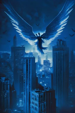 A flying angel over the tall buildings in a city at deep blue night.