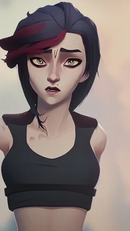 generate a full-length girl with gray-green sad eyes, with dark hair above the shoulders, a round face, not very plump lips, in a black T-shirt with a red print, short shorts, blue socks