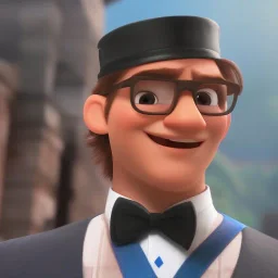 tall young man witbh square glasses, brown hair and grey eyes. He wears blue shirt, dark tails, bow tie and colorful chimney pot hat. He is dancing and laughing.