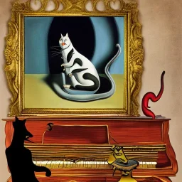 surreal cat playing piano in style of salvador dali painting with portrait of dali in background