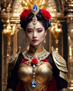 The beautiful queen stands in a luxurious palace, wearing luxury clothes, luxurious armor designs, made of gold metal plate, metal craft with luminous diamond glitter, on the outer surface of the luxury jewelry decoration very small diamond stones, heart shape red diamond stones, colored decorations Black leaves and small rose flower decorations are combined, emitting light, golden background