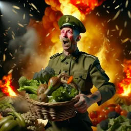 victory portrait of crazy cook army officer dunking vegetables in basket inside grove with fluffy hare with mutations getting blasted by explosions, 4 k, down-light, soft light, depth of field, photo realism, trending on art station, high detail, spray paint