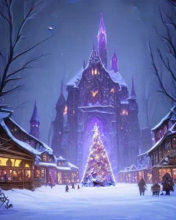 A magical snowy gothic warlock Christmas market with a large Christmas tree and a castle