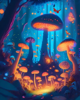 A magical forest with glowing mushrooms and fireflies, in the style of fantasy illustration, vibrant colors, whimsical creatures, 16k resolution