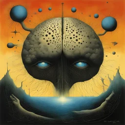 Learning to damage brains, Braille art texture, abstract surrealism, by Helen Cottle and Gerald Scarfe and Zdzislaw Beksinski, silkscreened mind-bending illustration; warm colors, Pink_Floyd album cover art, asymmetric, Braille language glyphs spelling crazy