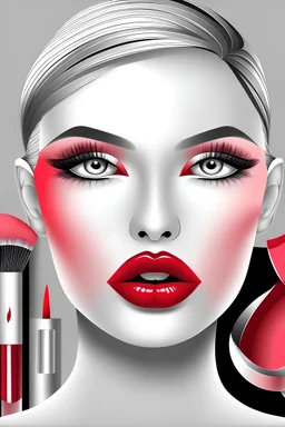 generate vector art background grey scale front view face model with red pink lips and colored make up tools