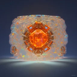 Ring made by diamonds shreds of glass, orange diamonds sparkles, red rubi fragments around, blue lights reflexes, complex structure, gold details, intricate ring shine,Unreal Engine 5, macro lens,sharp focus, photorealistic, hyper detailed, studio lighting, neon light ambient, cinematic lighting trending of by artstation