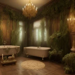 a gorgeous, stunning spa with gauzy curtains, ornate bath, dark wood floor, decorative foliage, plants, candles, flowers, tranquil, 8k resolution, high-quality, fine-detail, digital art, detailed matte, volumetric lighting, illustration, 3D octane render, brian froud, howard lyon, selina french, annie stokes, lisa parker, greg rutowski, alphonse mucha