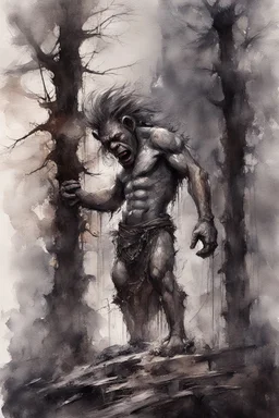 stone troll taller than trees, vivid emotions, watercolor, photorealism, dark fantasy, bad weather, gloomy day, dark world, sketch art, fine lines, grunge, sensual, darkness, by Raymond Swanland & Alyssa Monks & Anna Razumovskaya