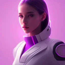 Cute girl, Sci-fi character, white suit, purple backlight, pink and purple, scifi suit, profile, purple background, pink lighting, futuristic