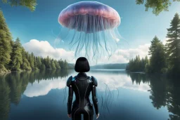 photorealistic photo of a woman with black hair, dressed in an android suit, looking out over a lake, at a jellyfish with tentacles with tall narrow cloud trees in the background