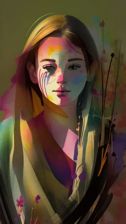 a smear . Field of wild a colourful flowers watercolor drawing on a blue splash colors background, fine lines draw, surreal, Bosch painting style