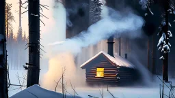 cabin in forest in winter smoke from chimney