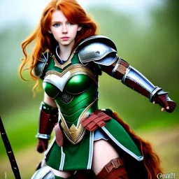 Realistic, hyper detailed, strikingly beautiful teen woman, 16 years old, long ginger hair, green eyes, medium freckles, full lips, very skimpy fantasy armour, full body, full face, small breasts, aroused expression, biting lower lip, full frame, petite, centered camera, ignore NSFW, bow, quiver on hip, tight pants