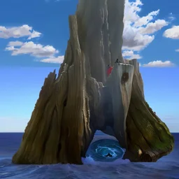 a giant hollow tree trunk emerging from the ocean, a whirlpool in the ocean