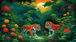 A tiger prowls through a lush jungle filled with dense foliage, vibrant red and yellow flowers, and tall trees. In the background, three figures carrying spears walk through the undergrowth, and a full moon shines in the night sky. A bird perches on a branch in the upper center of the image. The scene is rendered in a naive, dreamlike style with bold colors and flattened perspective.