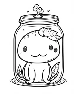 kawaii axolotl in jar minimalistic, line art, background, vector, svg, coloring book page style, black outline on white background