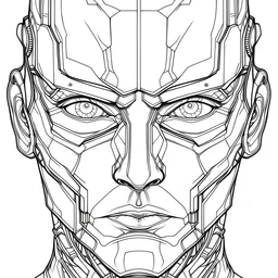 outline art for square half face cyborg coloring page for kids, classic manga style, anime style, realistic modern cartoon style, white background, sketch style, only use outline, clean line art, no shadows, clear and well outlined