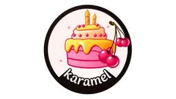 A round logo with a black and pink border named (karamel) designed for a sweet shop with a golden cherry and pink theme and a big birthday cake and some cherries hanging from the side of the logo on a white and pink background.